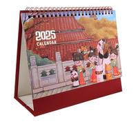 HOMSFOU Cartoon Style Chinese Pattern Desk Flip Calendar Cute Hand Painted Retro Design Tabletop Monthly Planner for Office and School Double Wire Binding for Smooth Page Turning