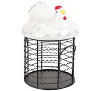 HOMSFOU Ceramic Chicken Shaped Egg Basket with Lid, White Hen Countertop Fresh Egg Holder and Fruit Storage Basket, Black Wire Mesh Kitchen Organizer for Garlic and Potato Storage