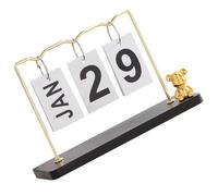 HOMSFOU Creative Black Gold Metal Desk Calendar Wooden Flip Page Manual Perpetual Calendar for Home and Office Decor Compact Standing Desk Ornament with Turning Year Reusable Date Display