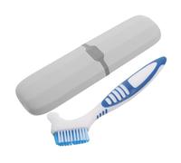 HOMSFOU Denture Cleaning Brush Kit with Double-Sided False Teeth Toothbrush and Blue Grey Travel Storage Case for Denture Care and Retainer Cleaning on The Go