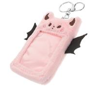 HOMSFOU Devil Wings Plush Id Card Holder with Keychain, Pink Soft Card Sleeve for Students, Cute Hanging Badge Holder for Travel and School Use