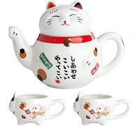 HOMSFOU Glass Teapot Cute Tea Kettle 1 Set Japanese Maneki Neko Lucky Cat Ceramic Tea Pot and Cups Set Asian Coffee Cups for Home Decor Present Japanese