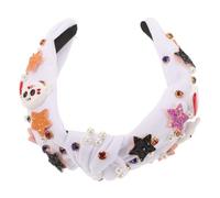 HOMSFOU Halloween Rhinestone Headband with Pearl Embellishments, White Cloth and Plastic Devil Pumpkin Design, Secures Hair Strands for Halloween Gothic Party and Stage Performances