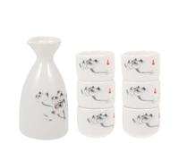 HOMSFOU Japanese Ceramic Sake Set with Pot and Six Cups, Vintage Style Porcelain Sake Serving Set for Home Dining and Entertaining
