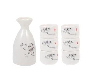 HOMSFOU Japanese Ceramic Sake Set with Pot and Six Cups, Vintage Style Porcelain Sake Serving Set for Home Dining and Entertaining