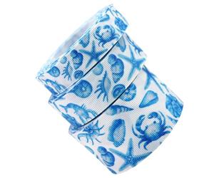 HOMSFOU Ocean-Inspired Grosgrain Ribbon Set 10mm 22mm 38mm 5 Yards Each, 3 Rolls Tropical Blue Ocean Style Ribbon with Marine Creature Crab Shell Print for Summer Wrap, Wreaths, Wrapping