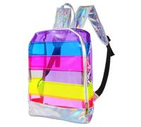 HOMSFOU Purple Rainbow Stripe Pvc Backpack, Large Capacity School Bag with Colorful Holographic Design for Students
