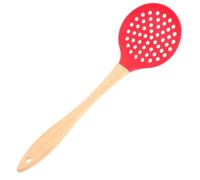 HOMSFOU Silicone Skimmer Spoon with Bent Rubberwood Handle, Heat Resistant Food Serving Colander Spoon for Kitchen and Hot Pot Frying, Red Cooking Utensil for Home and Restaurant Random