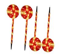 HOMSFOU Solar Powered Outdoor Garden Light LED Lawn Lamp with Creative Lollipop Design Red Candy Shape for Holiday Decoration with Four Lights
