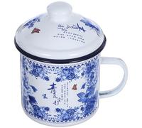 HOMSFOU Vintage Retro Thickened Enamel Mug 700ml Blue and White Porcelain Tea Cup with Lid Old Style Chinese Traditional Drinking Cup for Camping Travel and Home Use