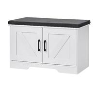 HOMSHO 2-Tier Storage Bench, Shoe Bench with Padded Seat Cushion, Entryway Bench with 2 Barn Doors, Adjustable Shelf, 13.8" D x 27.6" W x 17.7" H, for Entryway, Living Room, Bedroom, White