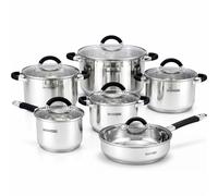 HOMSMYTH 12 Pcs Stainless Steel Pots and Pans Set - Induction Compatible Cooking Pot with Silicon Handles and Glass Lids | Stockpot Set Casserole, Frying Pan & Saucepan Set | Durable Cookware Set