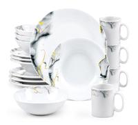 HOMSMYTH 16 Pcs Opal Glass Dinner Set for 4 People, White Dinnerware Set with Gold Accents, 11" Dinner Plates, 9" Soup Plates, 6.5" Cereal Bowls & 350ml Mugs, Microwave, Dishwasher & Freezer Safe