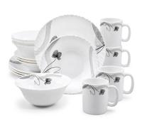HOMSMYTH 16 Piece Opal Glass Dinner Set for 4, Black Floral Dinnerware Set, 10.5" Dinner Plates, 8.5" Soup Plates, 6" Bowls & 320ml Mugs, Microwave & Dishwasher Safe, White Tableware Set (16 Pcs)