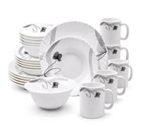 HOMSMYTH 24 Pcs Opal Glass Dinner Set for 6 People, Black Floral Dinnerware Set, 10.5" Dinner Plates, 8.5" Soup Plates, 6" Bowls & 320ml Mugs, Microwave & Dishwasher Safe, White Tableware Set (24 Pcs)
