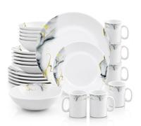 HOMSMYTH 24 Piece Opal Glass Dinner Set for 6 People, White Marble Dinnerware Set with Gold Accents, 11" Dinner Plates, 9" Soup Plates, 6.5" Cereal Bowls & 350ml Mugs, Microwave, Dishwasher (24 Pcs)
