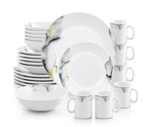 HOMSMYTH 24 Piece Opal Glass Dinner Set for 6 People, White Marble Dinnerware Set with Gold Accents, 11" Dinner Plates, 9" Soup Plates, 6.5" Cereal Bowls & 350ml Mugs, Microwave, Dishwasher (24 Pcs)