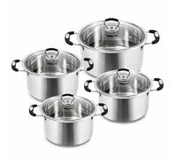HOMSMYTH Stainless Steel Stock Pot Cooking Pot Set with Glass Lids | Induction Hob Pot/Casserole Cookware Set for Gas, Electric & Ceramic Hobs 20cm 3.2L, 22cm 4.3L, 24cm 5.6L, 26cm 7.2L (Set of 4)