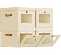 Homsorout Fabric Storage Boxes with Lids - 4 Pack Wardrobe Organiser Baskets with Handles, Foldable Side Opening Containers Decroative for Narrow Space, Bedroom, Shelves, Underbed, Beige