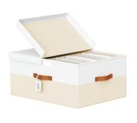 Homsorout Large Fabric Storage Boxes with Double Lids & Divider Board 60L | White and Beige, Foldable Bins with Handles for Bedroom, Underbed, Wardrobe, Shelf, Loft, Garage, Office, Living Room, 1 Pack