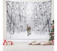 HOMSPE Winter Tapestry Wall Hanging Winter Scene Backdrop Christmas Tapestries Nature Snow Forest Woodland Deer Large Tapestry for Bedroom Room Dorm Holiday Wall Decor (51.2 * 59.1in) (B)