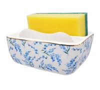 HOMSUN 2 Compartments Ceramic Sponge Holder for Kitchen Sink, Cute Floral Pattern Countertop Dish Sponges Holder Soap Sink Organizer Caddy Farmhouse Home Kitchen Decor Blue Blossom
