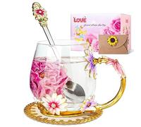 Homtibrm Birthday Gifts for Women Her Mom Teacher Friends Enamel Flower Tea Cup Glass Coffee Mug Gifts for Women Birthday,Mother's Day,Anniversary (Purple)