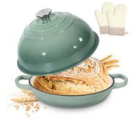 Homtone 5.5QT/26cm Enamelled Cast Iron Dutch Oven for Sourdough Bread, Dutch Oven Pot with Domed Lid, Cast Iron Bread Pot (Dusty Green, with Oven Mitts)