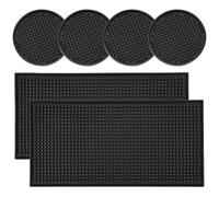 Homtone Bar Pub Service Mats 6 Pcs, 12"x6" 2pcs Non-Slip Rubber Spill Mat, Glass Drying Mats, Countertop Coffee Whiskey Cocktail Mat Service Mat for Kitchen Bar Restaurant, Black with 4 Coasters