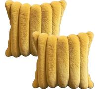 HOMTRYLIC Cushion Covers 50x50cm Set of 2 Faux Fur Plush Decorative Fluffy Throw Pillow Covers Wide Stripe Boho Cushion Pillow Cases with Velvet Back for Sofa Bedroom Home, Yellow