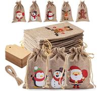 Homum 25 Pcs Christmas Burlap Gift Bags with Drawstring and Tags - 7x9 Inch Tiny Small Gift Bags for Xmas Candy and Christmas Supplies