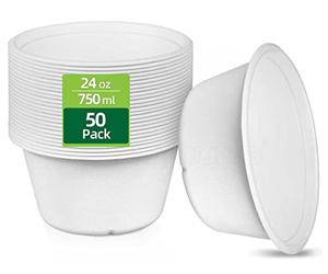 HOMURG 24oz Microwave Safe Paper Bowls in White, Strong Sugarcane Compostable Disposable Soup Bowl 750ml, Eco-Friendly Christmas, Halloween, Thanksgiving, Valentines, Birthday Party Bowl Set 50 Pack