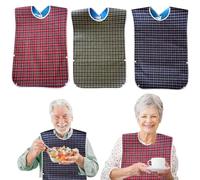 HOMURY Pack of 3 Adult Bibs for Seniors, Washable for Adults, Water-Repellent with Press Stud Closure, Clothing Protection, Drool Bib, Dining Apron for Women, Elderly People, Grid, One Size