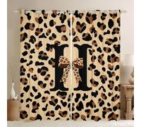 Homwish Initial Cheetah Window Curtains 46 x 72 Inch 2 Panel Sets - Bowknot Alphabet H Blackout Curtains Preppy Coquette Leopard Print Window Treatments Drapes African Wild Animal for Bedroom