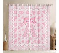 Homwish Pink Rose Initial Letter A Bowknot Lace Window Curtains 66 x 90 Inch 2 Panel Sets - Bow Alphabet Flowers Blackout Curtains Love Hearts Dreamy Treatments Drapes Aesthetic Warm Soft Bedclothes