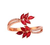 Homxi 14 Karat Rose Gold Promise Women Ring, Leaves with 0.65ct Created Ruby and Moissanite, Anniversary Band Rose Gold Ring Size O 1/2