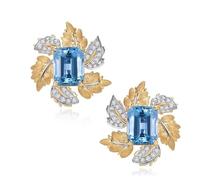 Homxi 14 Karat Yellow Gold Wedding Stud Earrings for Women, Maple Leaves with 2.75ct Lab Created Aquamarine and Moissanite, Womens Earrings Gold Blue