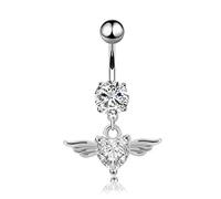 Homxi 14G Navel Ring Long Belly Button Rings Stainless Steel,Angel Wing Heart Dangle with Cubic Zirconia Belly Rings for Women White