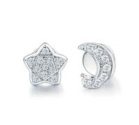 Homxi 18 Carat White Gold Stud Earrings for Women Engagement, Star and Moon with 0.13ct Diamond, Women's Silver Earrings