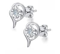 Homxi 18 Karat White Gold Engagement Stud Earrings Women, Heart and Round with 0.14ct Diamond, Womens Earrings Silver