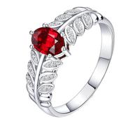Homxi 18K White Gold Band Women Engagement Rings, Leaf Branch and Oval with 0.47ct Ruby and Diamond, Engagement Ring for Women Silver Red Size V 1/2