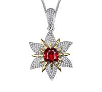 Homxi 18K White Gold Pendant Necklaces for Women,Flower and Oval with 0.681ct Created Ruby Chain Necklaces Silver Red