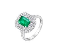 Homxi 18K White Gold Women Promise Ring, 4 Claws Rectangle with Emerald and Diamond, Silver Green Eternity Rings for Women Size Q 1/2
