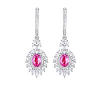 Homxi 18Kt White Gold Dangle Earrings for Women, Flower and Oval Created Sapphire and Diamond, Silver Pink Wedding Earrings for Women
