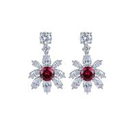 Homxi 18Kt White Gold Stud Earrings for Women, Flower and Round with Created Ruby and Moissanite, Women Silver Red Earrings