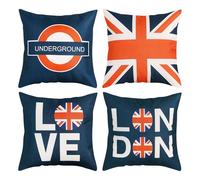 Homxi 18x18 Cushion Covers Pack of 4 London Underground,Dark Blue British Style Cushion Covers Waterproof Linen Single Sided Decorative Pillows for Bed