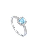 Homxi Anniversary Ring 18K White Gold for Women, Square with 0.6ct Aquamarine and 0.16ct Diamond, Women Rings Engagement Silver Light Blue Size O 1/2