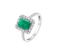 Homxi Anniversary Ring for Women 18K White Gold, 4 Claws Rectangle with Emerald and Diamond, Promise Ring Silver Green Size Q 1/2