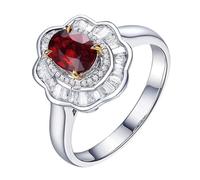 Homxi Anniversary Ring White Gold 9 K for Women, Flower and 4 Claws Oval with 0.76ct Ruby and Diamond, Silver Red Ring for Women Engagement Size H 1/2
