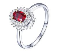 Homxi Anniversary Rings 18ct White Gold for Women, Flower and 4 Claws Oval with 0.66ct Ruby and Diamond, Womens Engagement Rings Silver Red Size S 1/2